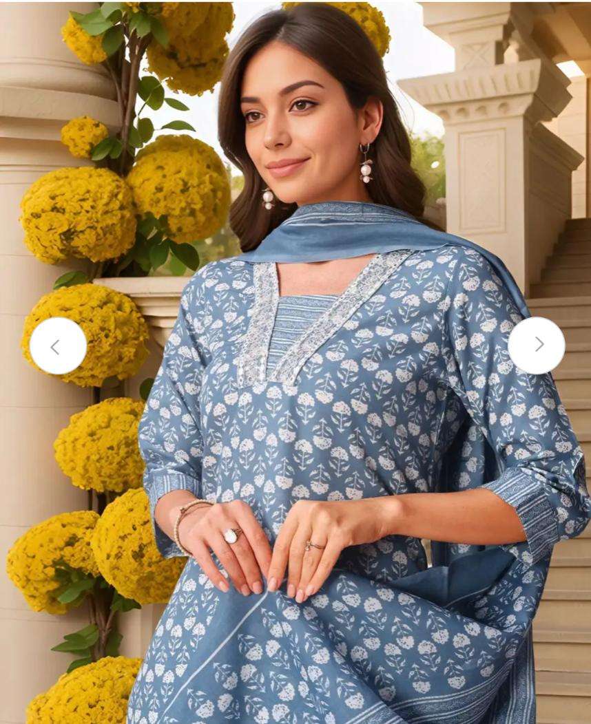 Floral Printed V-Neck Thread Work Pure Cotton Kurta With Trousers & Dupatta in Germany Namma Markt