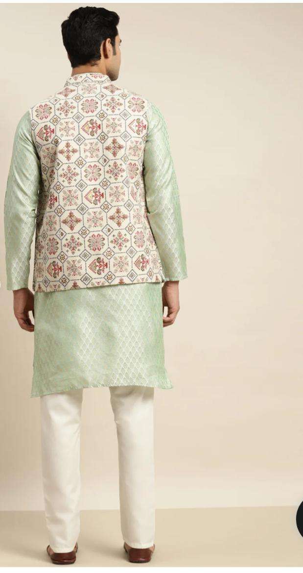 Men's Silk Blend Pista Green Kurta and Cream Pyjama With Cream Nehru Jacket in Germany Namma Markt