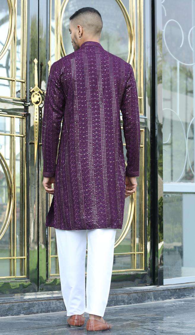 Silk Rayon Embroidered Sequinned Purple Kurta and Pyjama in Germany Namma Markt