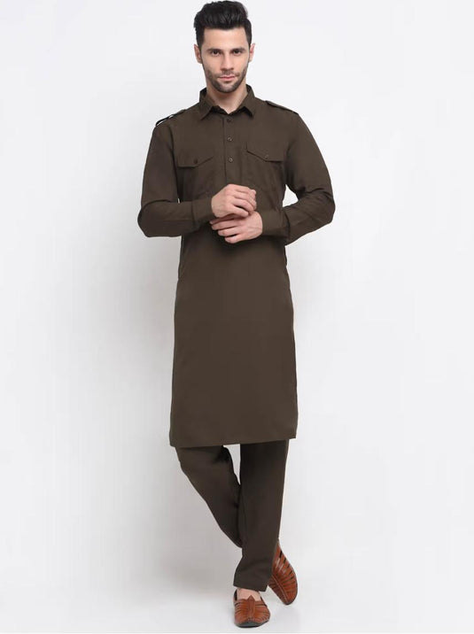 Men Cotton Brown Pathani Kurta with Trousers in Germany Namma Markt
