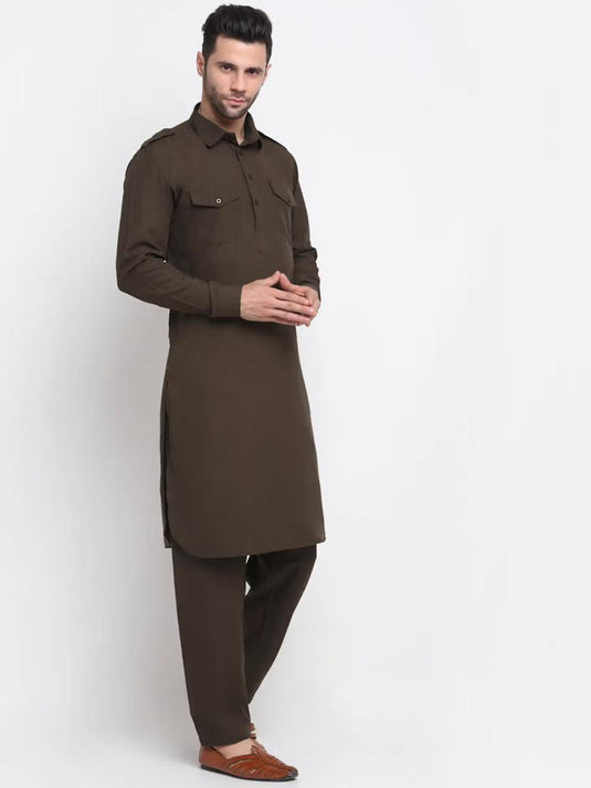 Men Cotton Brown Pathani Kurta with Trousers in Germany Namma Markt