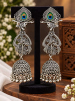 Lord Krishna Flute & Peacock Feather Oxidised Jhumka Earrings in Germany