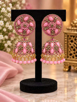 Elegant Gold-Plated Pink Floral Jhumka Earrings with Teardrop Stones in Germany
