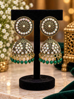 Traditional Antique Gold-Plated Jhumka Earrings with Iridescent Crystals and Green Bead Drops in Germany