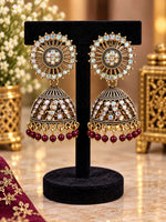Traditional Antique Gold-Plated Jhumka Earrings with Aurora Borealis Crystals and Maroon Beads in Germany