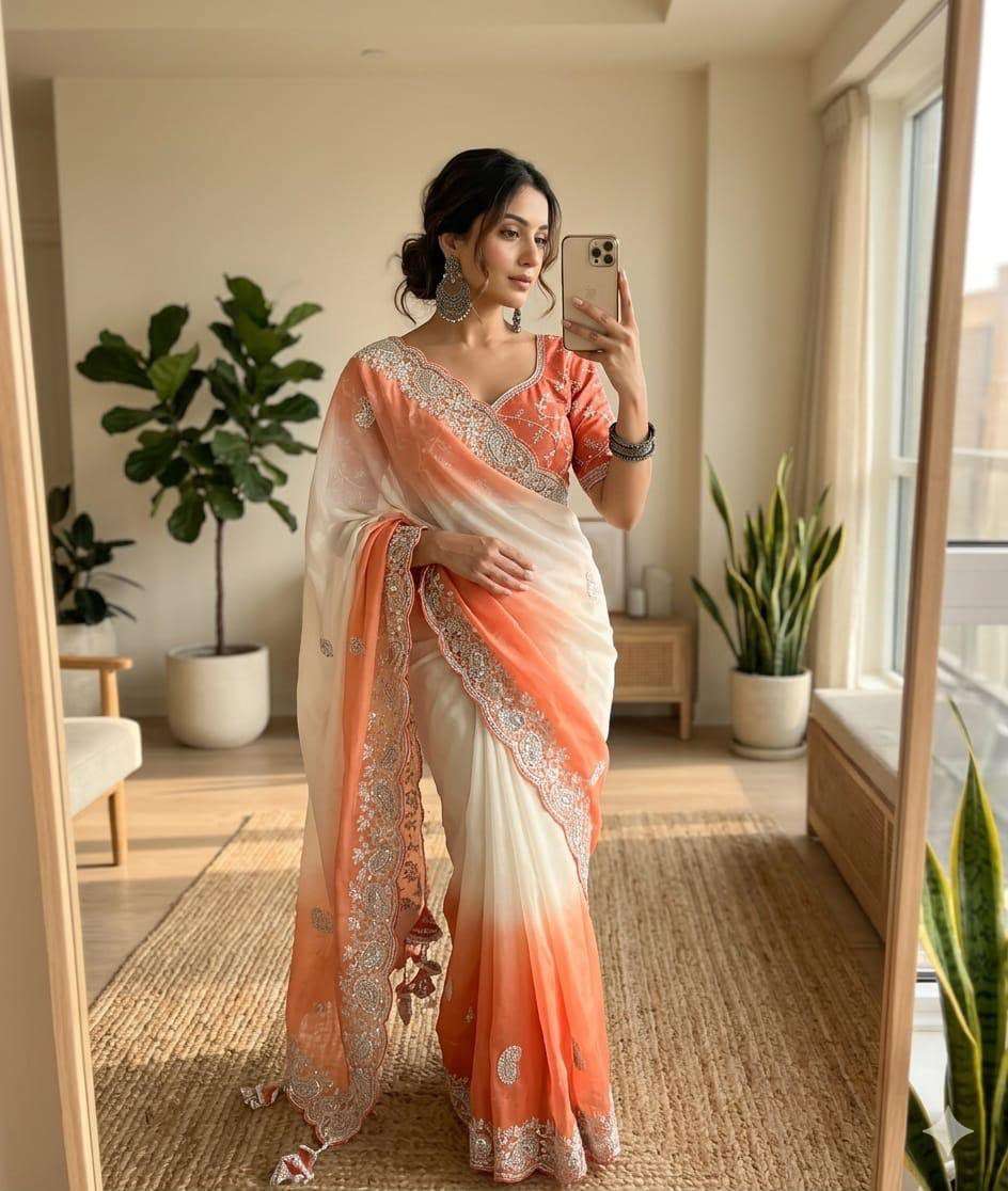 Elegant Ivory and Orange Shaded Saree and Stitched blouse in Germany