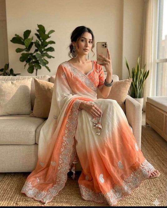 Elegant Ivory and Orange Shaded Saree and Stitched blouse in Germany