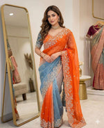 Dual-Tone Embroidered Satin Silk Saree with Ombre Gradient & Stitched Blouse in Germany