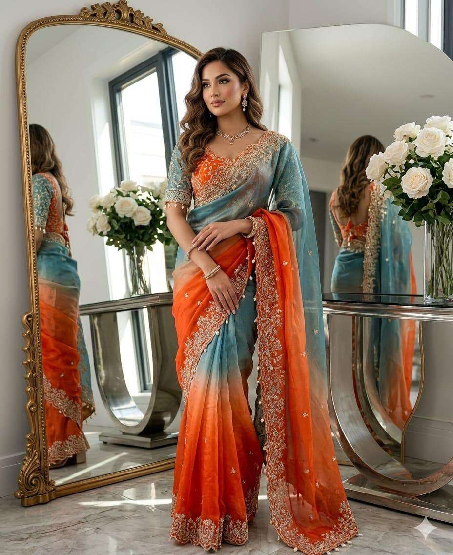 Shaded Ombre Designer Organza Saree and stitched Blouse in Germany