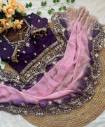 Pink and Purple Ombre Georgette Designer Saree with Heavy Embroidered Border and stitched Blouse in Germany