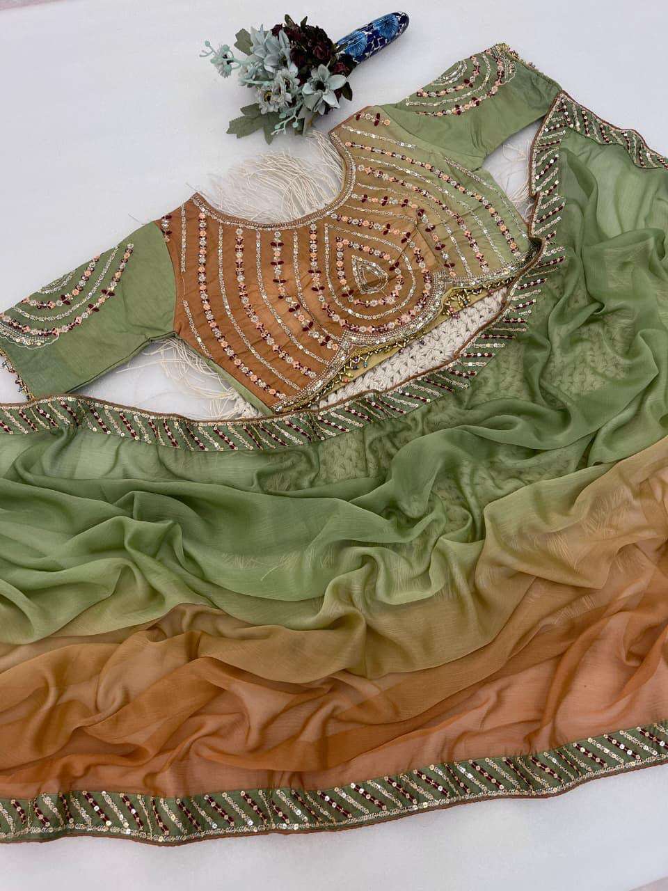 Olive Green & Ochre Beige Ombré Georgette Saree with Heavy Embroidered Designer stitched Blouse in Germany