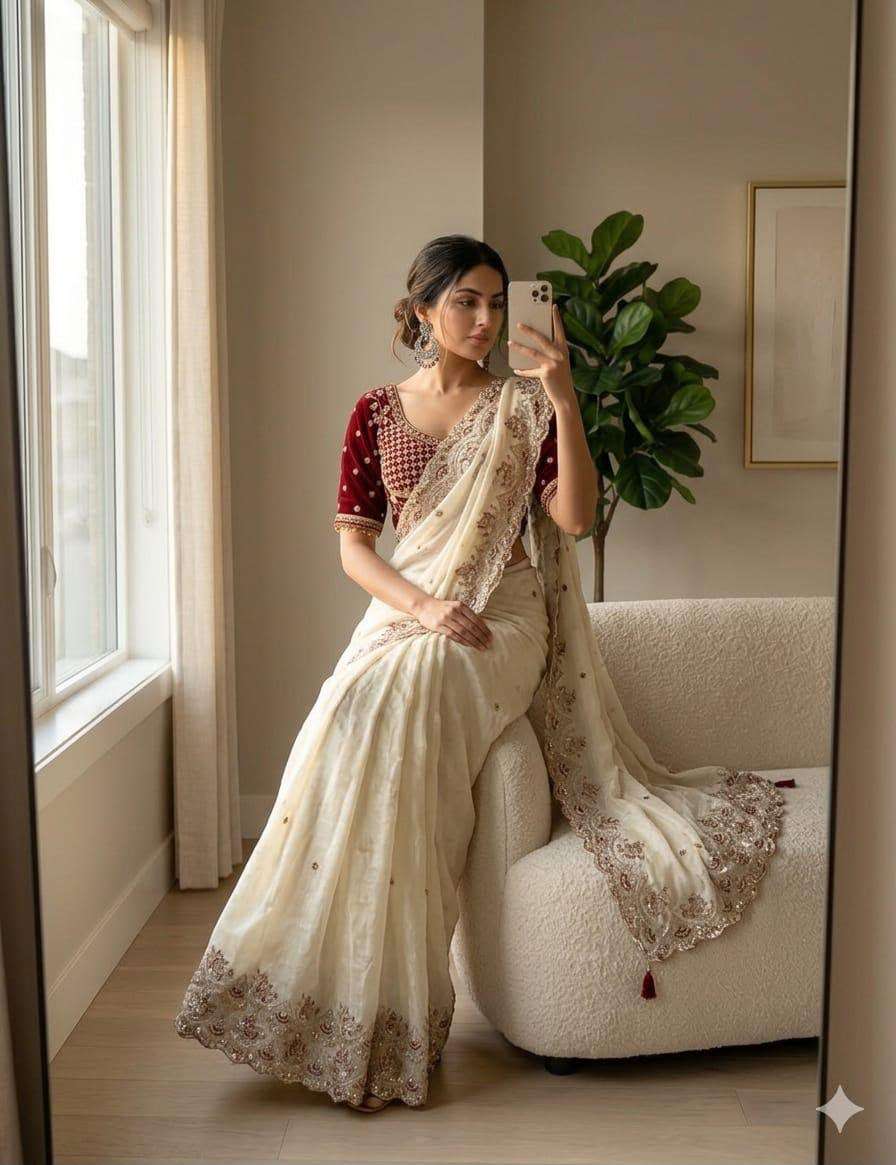 Elegant Off-White Satin Silk Saree with Velvet stitched Blouse in Germany