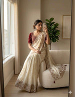 Elegant Off-White Satin Silk Saree with Velvet stitched Blouse in Germany