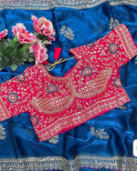 Royal Blue Embroidered Satin Silk Saree with Contrast Pink Sequined stitched Blouse in Germany Namma Markt