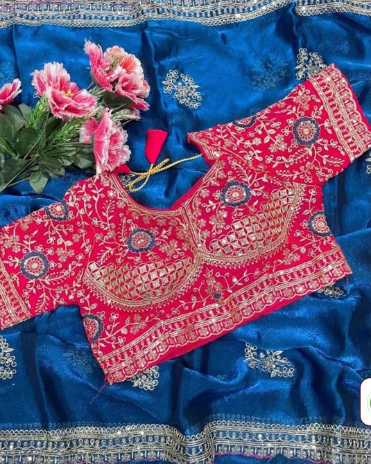 Royal Blue Embroidered Satin Silk Saree with Contrast Pink Sequined stitched Blouse in Germany Namma Markt