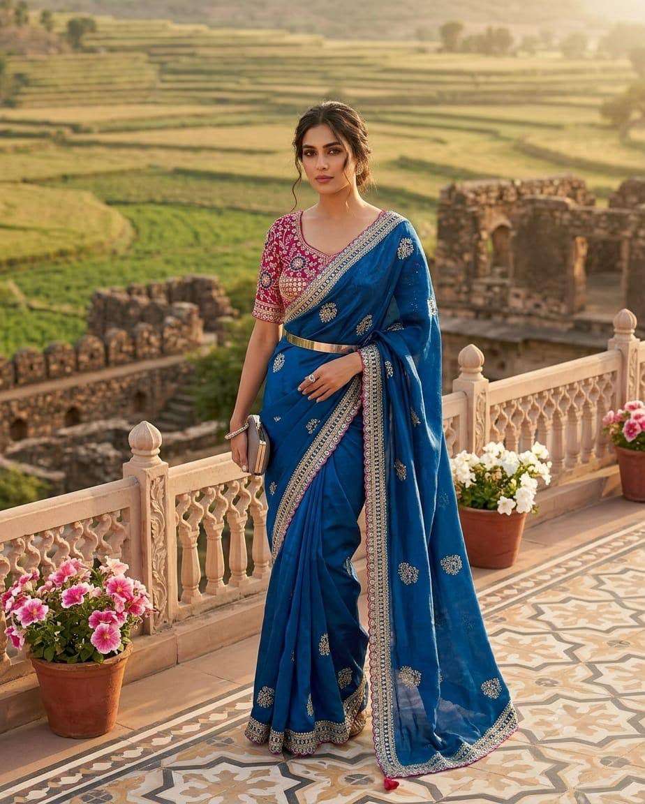 Royal Blue Embroidered Satin Silk Saree with Contrast Pink Sequined stitched Blouse in Germany Namma Markt