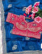 Royal Blue Embroidered Satin Silk Saree with Contrast Pink Sequined stitched Blouse in Germany Namma Markt