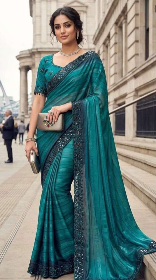 Elegant Teal Blue Georgette Designer Party Wear Saree stitched Blouse in Germany