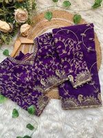 Elegant Purple Georgette Embroidered Party Wear Saree stitched Blouse in Germany