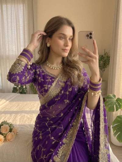 Elegant Purple Georgette Embroidered Party Wear Saree stitched Blouse in Germany