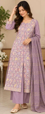 Lavender Floral Print Straight Kurta Set with Palazzo and Dupatta in Berlin Namma Markt