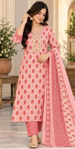 Women's pink floral block print pure cotton kurta set with pant and dupatta in Berlin
