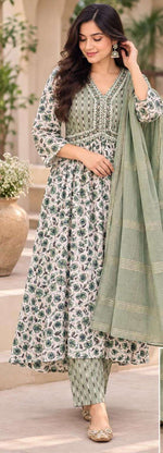 Sage green and off-white floral printed Anarkali suit set in Berlin Namma Markt