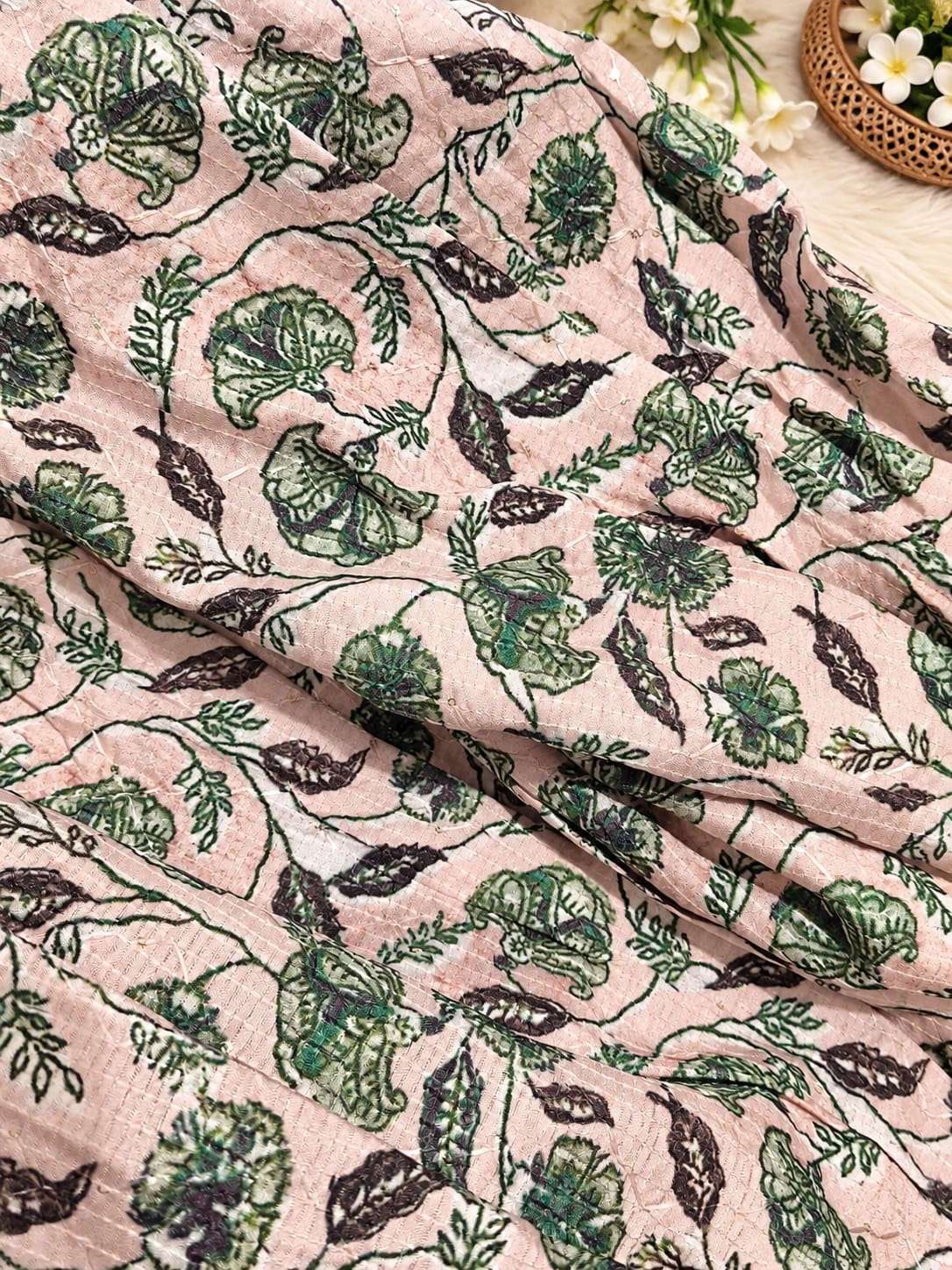 Sage green and off-white floral printed Anarkali suit set in Berlin Namma Markt