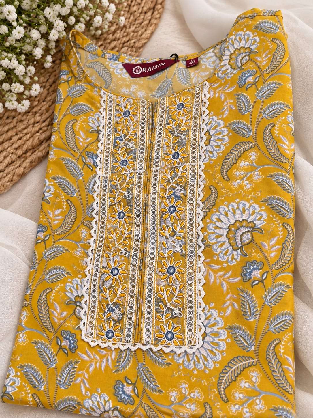 Mustard Floral Printed Cotton Blend Straight Suit Set with Dupatta in Berlin