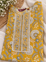 Mustard Floral Printed Cotton Blend Straight Suit Set with Dupatta in Berlin