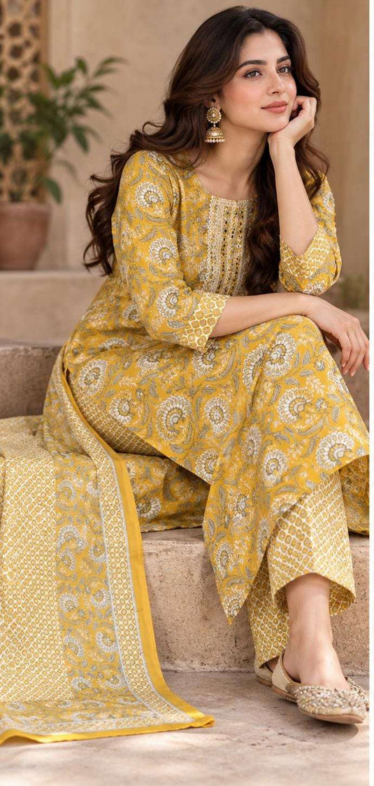 Mustard Floral Printed Cotton Blend Straight Suit Set with Dupatta in Berlin