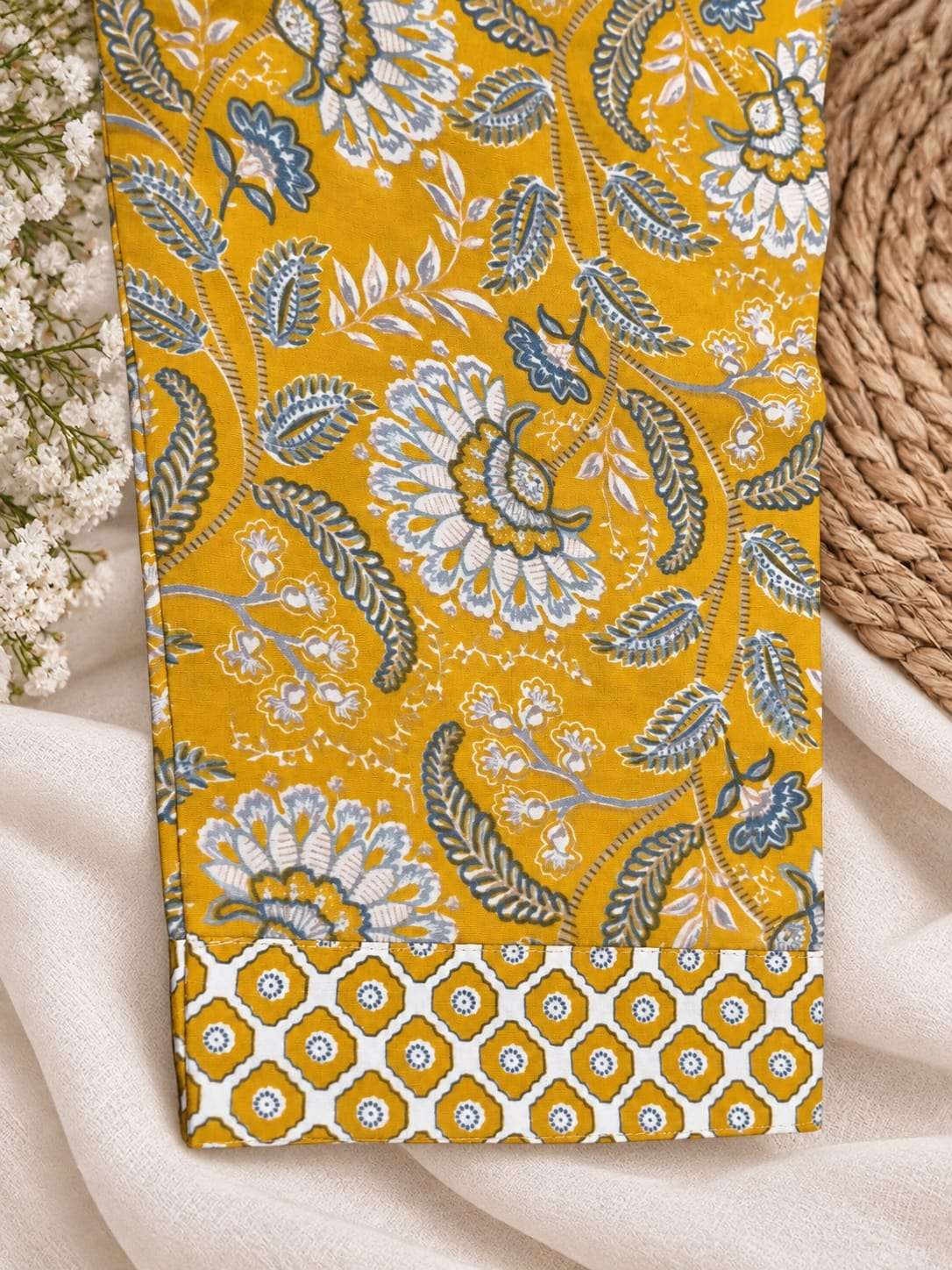 Mustard Floral Printed Cotton Blend Straight Suit Set with Dupatta in Berlin