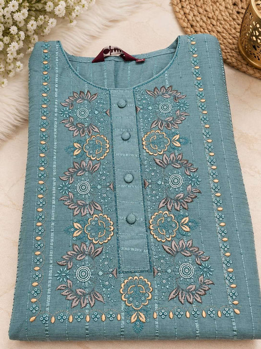 Teal Blue Embroidered Cotton Kurta Set with Pants & Dupatta in Berlin