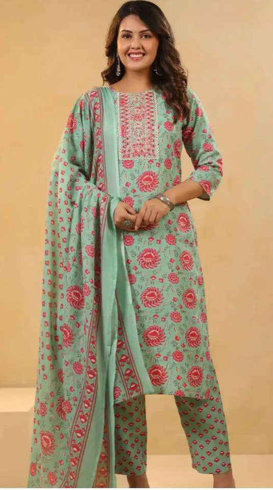 Sea Green Floral Printed Cotton Straight Kurta Set with Trousers & Dupatta in Berlin