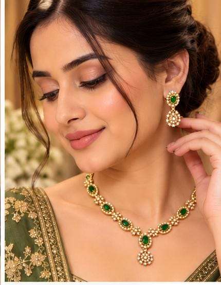 Traditional Gold-Plated Emerald and American Diamond Floral Necklace and Earrings in Germany