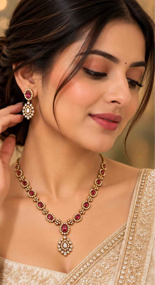 Traditional Gold-Plated Emerald and American Diamond Floral Necklace and Earrings in Germany Namma Markt