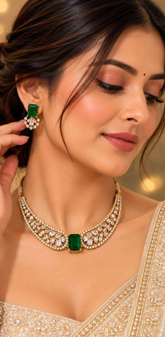 Elegant Emerald and American Diamond Choker Necklace Set in Germany Namma Markt
