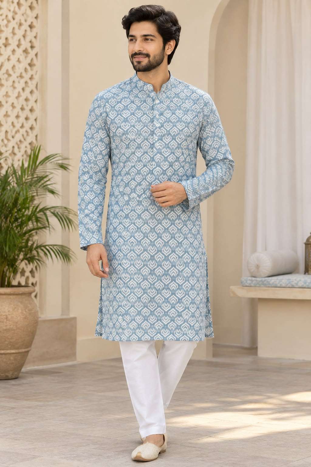 Men's Traditional Light Blue Ikat/Geometric Printed Regular Fit Straight Kurta with Pent in Berlin