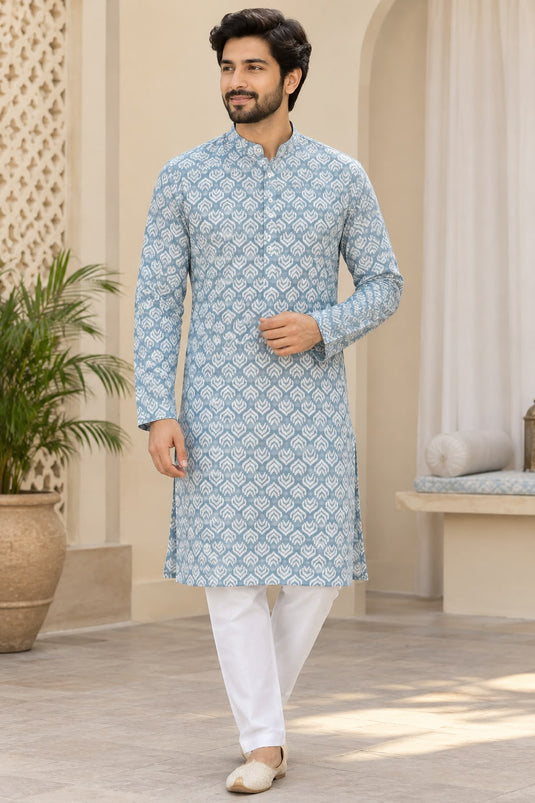 Men's Traditional Light Blue Ikat/Geometric Printed Regular Fit Straight Kurta with Pent in Berlin