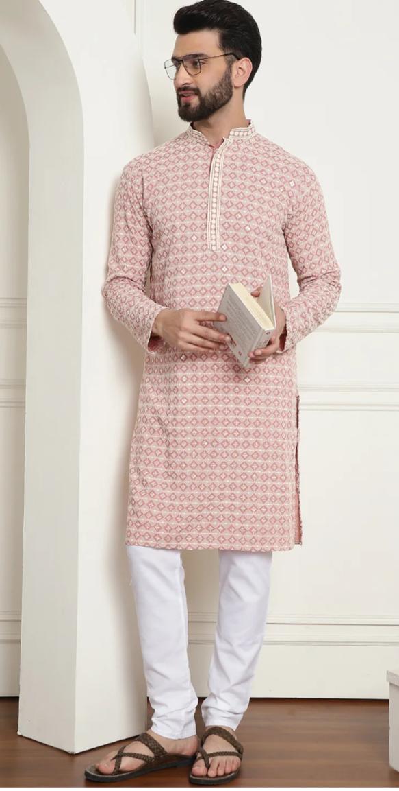 Men's Cotton Gold Embroidered Sequinned Peach Kurta With white churidar Pyjama in Germany