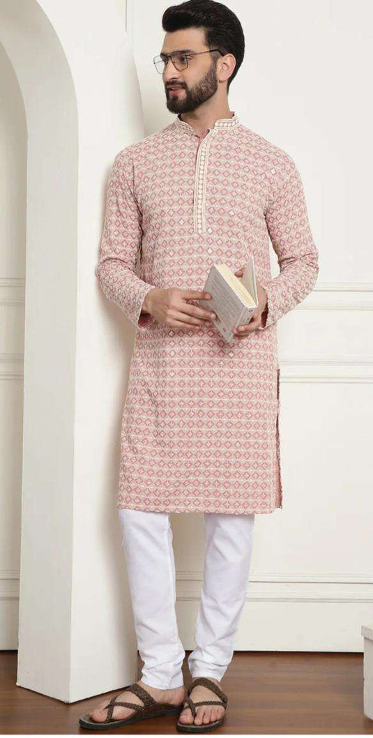 Men's Cotton Gold Embroidered Sequinned Peach Kurta With white churidar Pyjama in Germany
