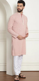 Men's Cotton Gold Embroidered Sequinned Peach Kurta With white churidar Pyjama in Germany