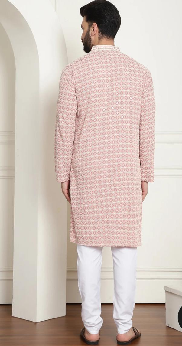 Men's Cotton Gold Embroidered Sequinned Peach Kurta With white churidar Pyjama in Germany