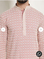 Men's Cotton Gold Embroidered Sequinned Peach Kurta With white churidar Pyjama in Germany