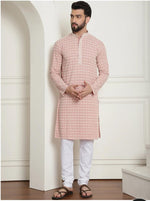 Men's Cotton Gold Embroidered Sequinned Peach Kurta With white churidar Pyjama in Germany
