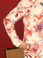 Cotton Silk Floral Printed Anchor Neck Work Cream Kurta Set With White Silk Trouser in Germany
