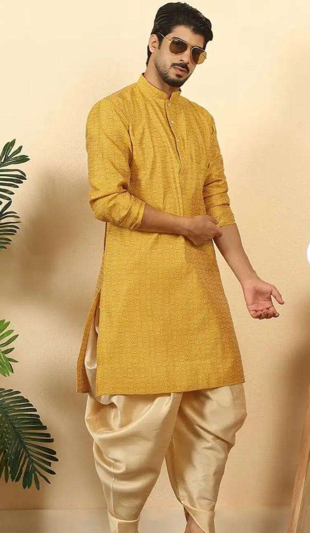 Men Mustard Ethnic Motifs Printed Silk Blend Kurta with Dhoti Pants in Germany