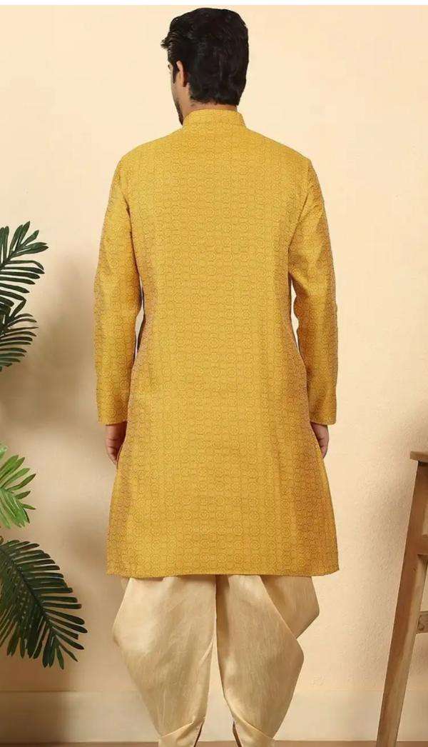 Men Mustard Ethnic Motifs Printed Silk Blend Kurta with Dhoti Pants in Germany