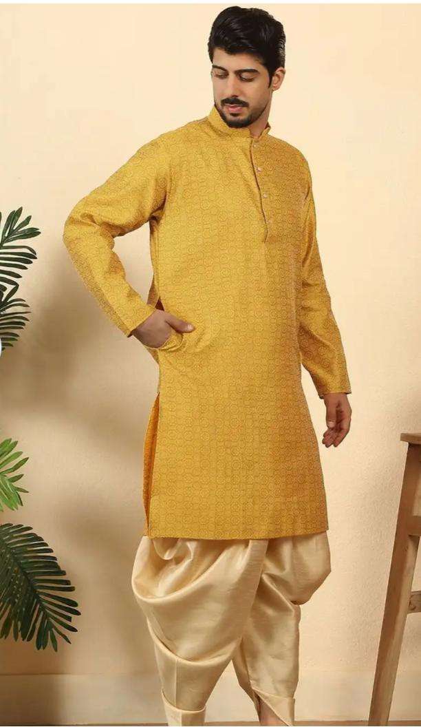 Men Mustard Ethnic Motifs Printed Silk Blend Kurta with Dhoti Pants in Germany