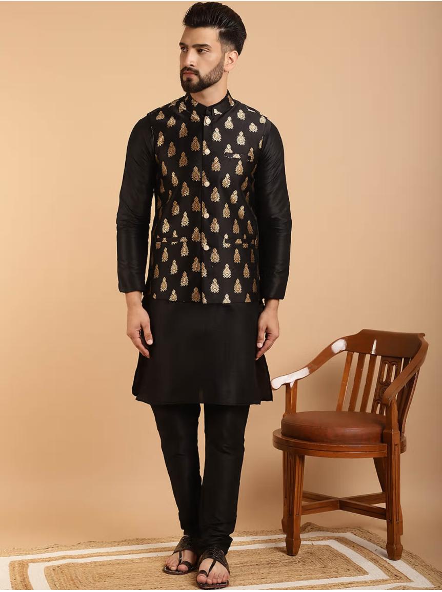 Mens Silk Blend Black Kurta Pyjama & Nehru Jacket in Berlin